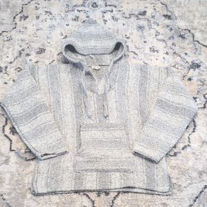 Vintage Baja Hoodie Gray White Striped Mexican Poncho Sweater M Made in Mexico